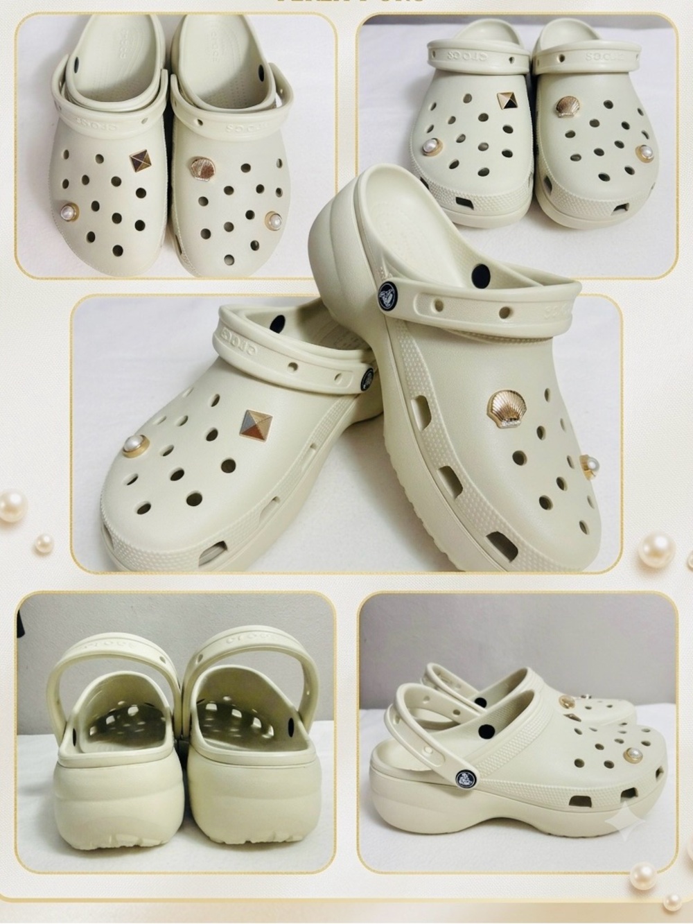 Crocs Classic Platform Clogs Bone Beige Pearl Shell Charms Women's Size 10